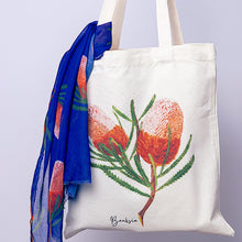 Load image into Gallery viewer, Australian Native Flower Design, Unique Gift for Nature Lovers - Banksia Tote Bag &amp; Scarf Set | Navy
