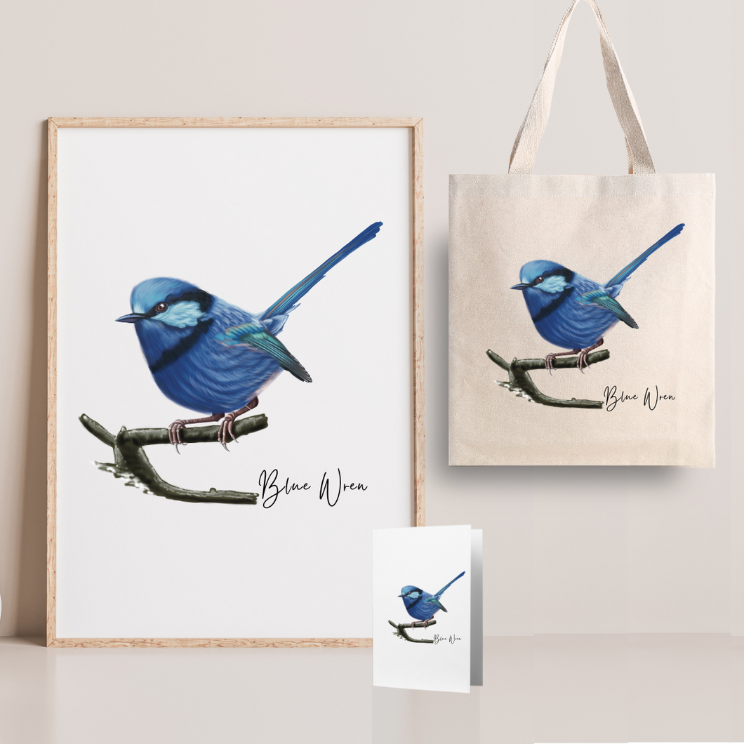 Lively & Radiant Australian Native Blue Wren Poster, Tote Bag & Card Set